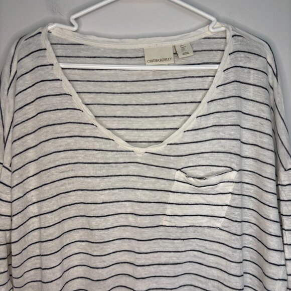CYNTHIA ROWLEY 100% Linen Short Sleeve Tee Womens L V-Neck Navy Stripe Cream - Picture 4 of 6